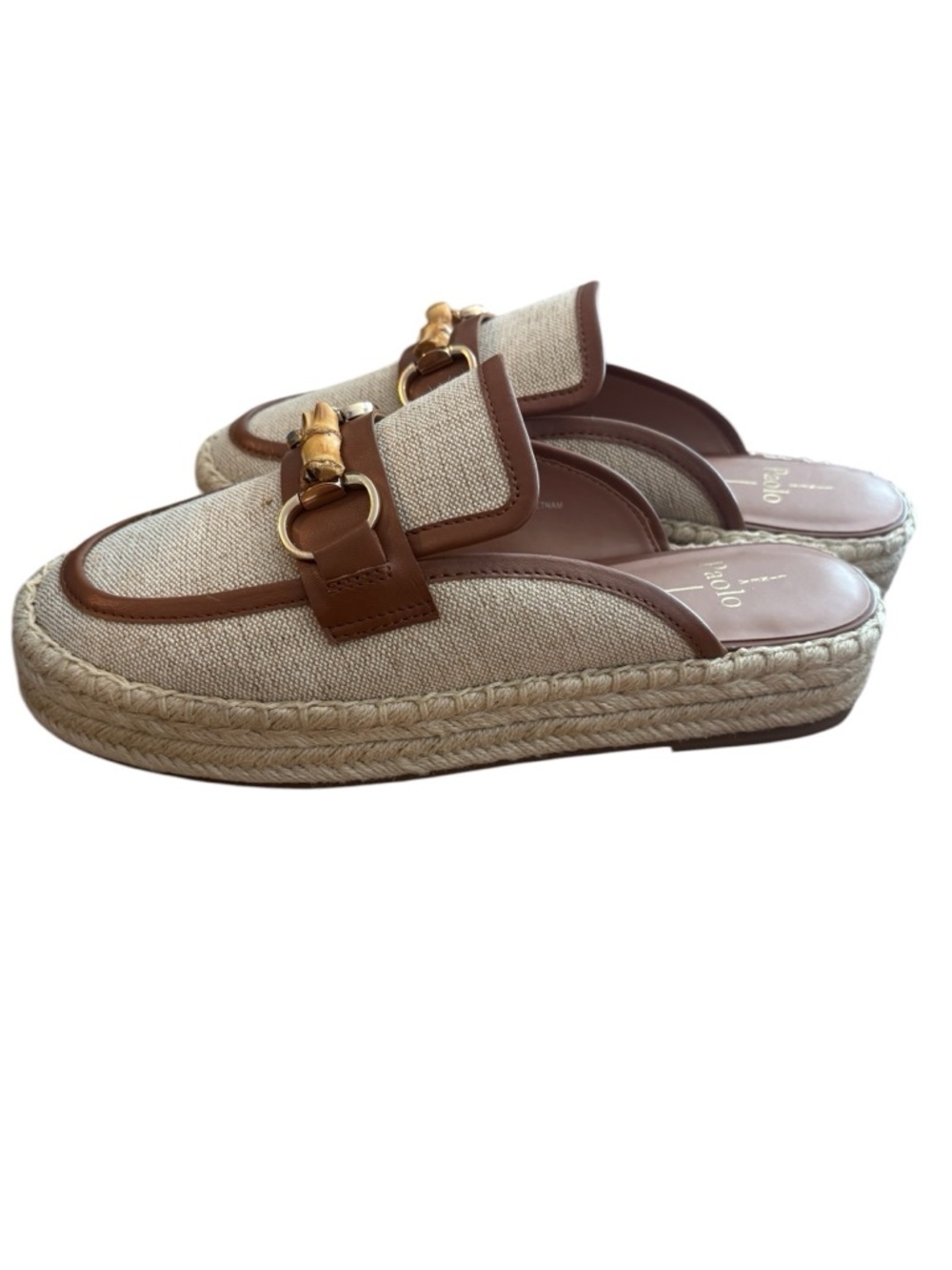 NWOB Linea Paolo Canvas Espadrille Mule Bamboo Gold Metal Accent Vegan Leather
